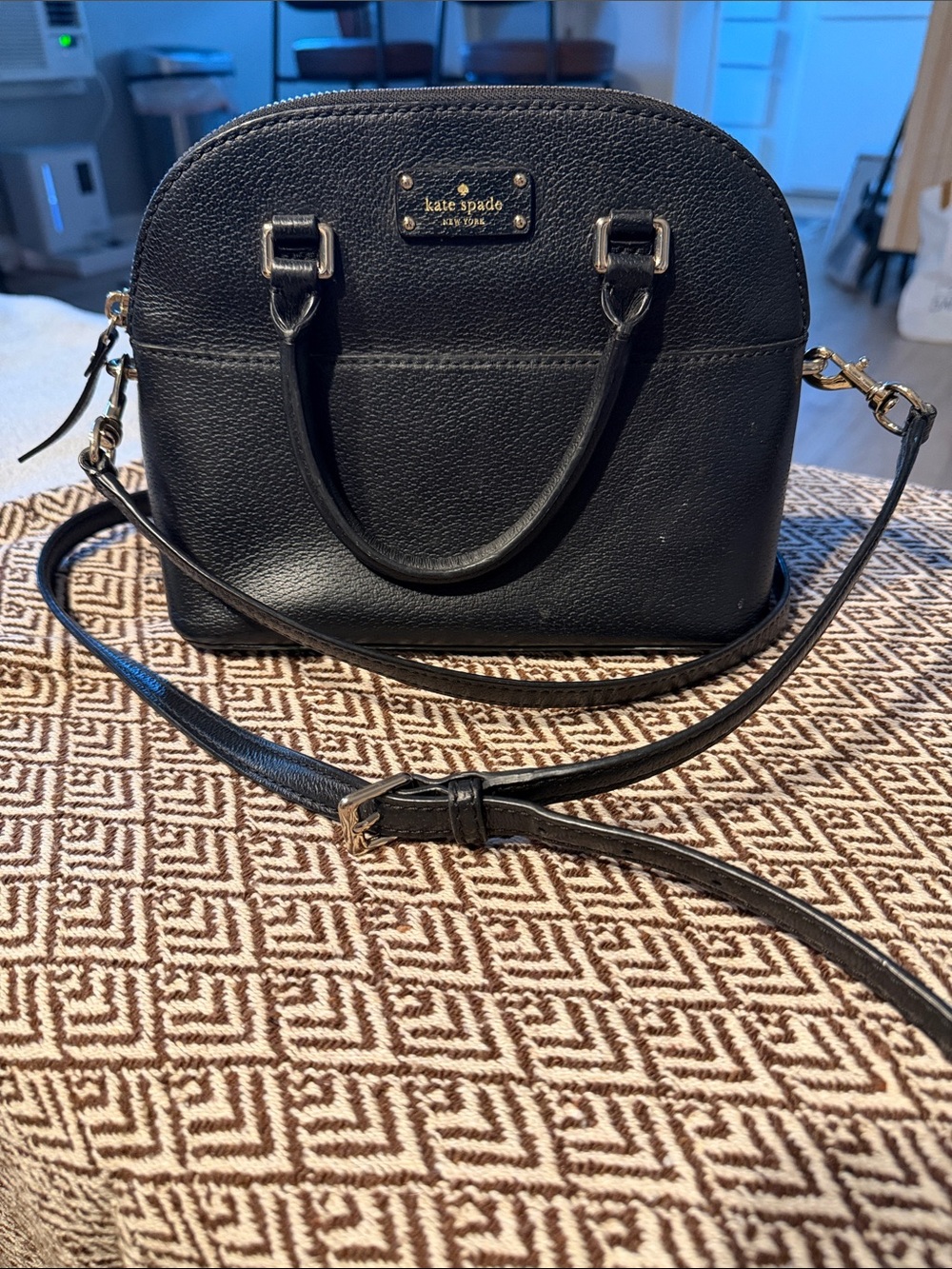 kate spade Black Pebbled Leather Dome Crossbody Bag with Gold Hardware